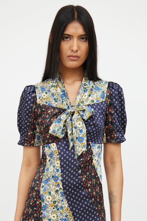 Sandro Navy, Cream 
Multi Floral Paneled Dress