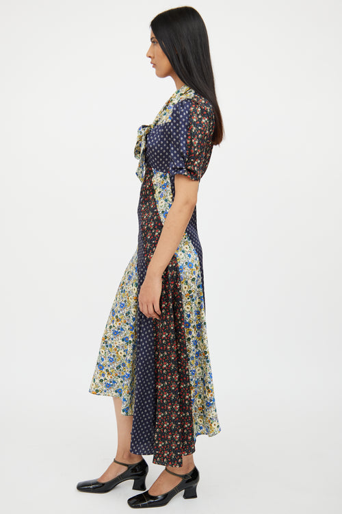 Sandro Navy, Cream 
Multi Floral Paneled Dress