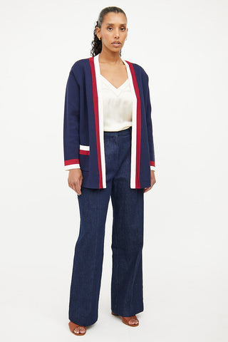 Sandro Navy Red 
White Open Cardigan