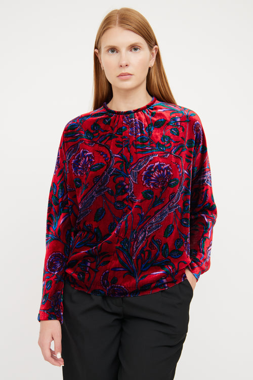 Sandro Red Velvet 
Floral Pattern Shirt