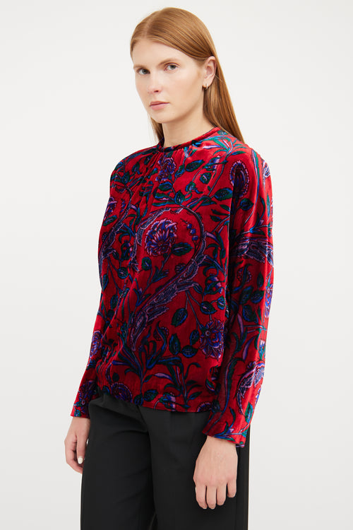 Sandro Red Velvet 
Floral Pattern Shirt