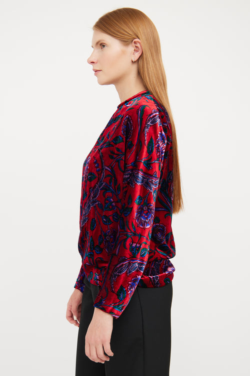 Sandro Red Velvet 
Floral Pattern Shirt