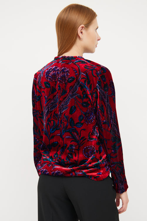 Sandro Red Velvet 
Floral Pattern Shirt