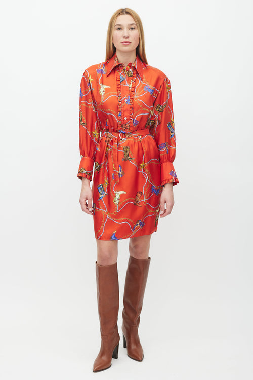 Sandro Red 
Multicolour Silk Chain Belted Dress