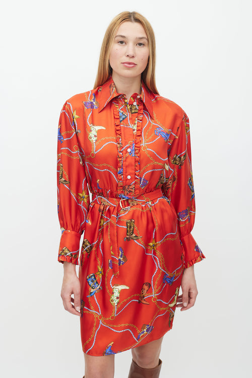 Sandro Red 
Multicolour Silk Chain Belted Dress