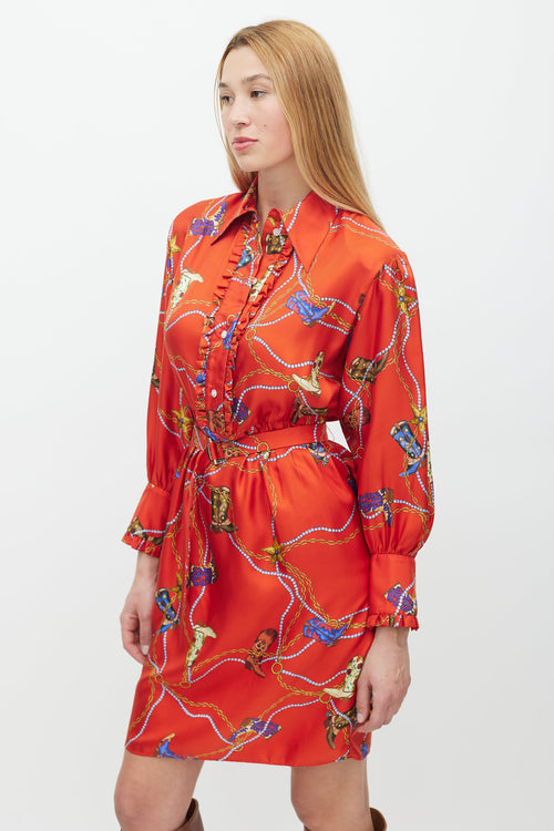 Sandro Red 
Multicolour Silk Chain Belted Dress