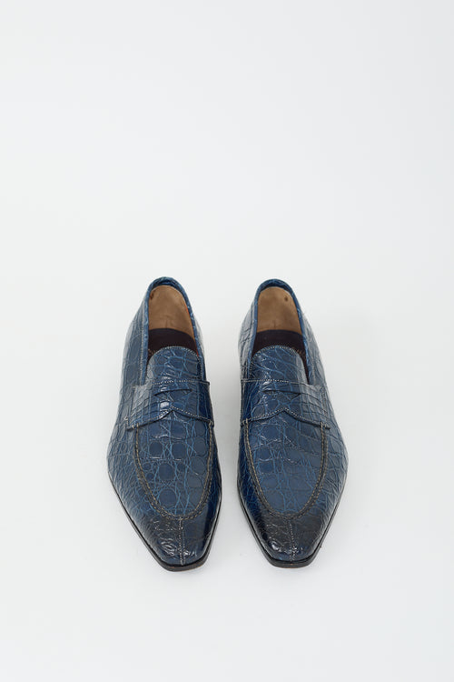 Santoni Blue Textured Leather Loafer