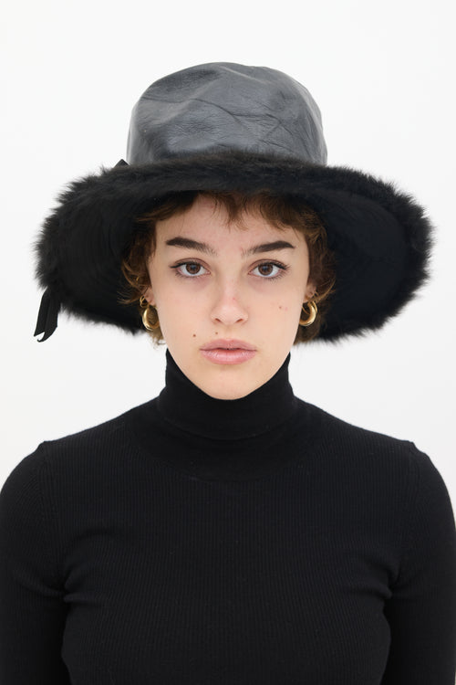 Schaparelli Black Leather Faux Fur Hat