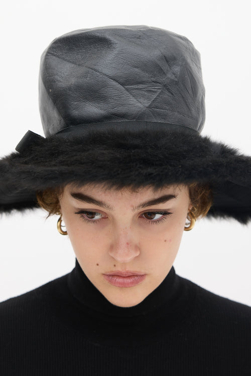 Schaparelli Black Leather Faux Fur Hat