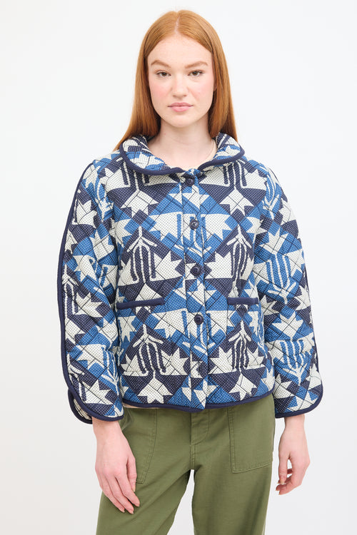 Sea Navy 
White Cotton Printed Quilted Jacket