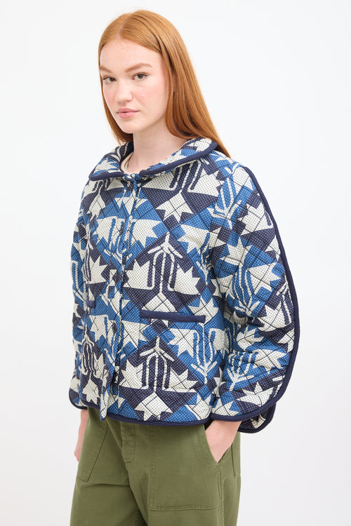 Sea Navy 
White Cotton Printed Quilted Jacket