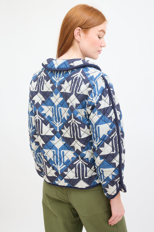 Sea Navy 
White Cotton Printed Quilted Jacket