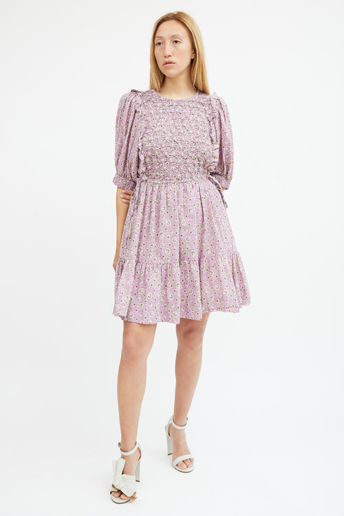 Sea Purple 
Beige Floral Smocked Midi Dress