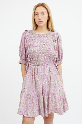 Sea Purple 
Beige Floral Smocked Midi Dress