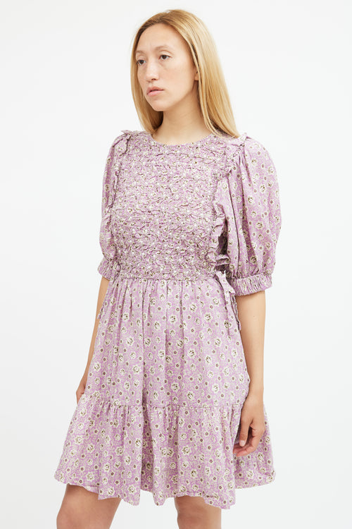 Sea Purple 
Beige Floral Smocked Midi Dress