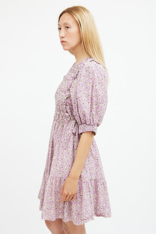 Sea Purple 
Beige Floral Smocked Midi Dress