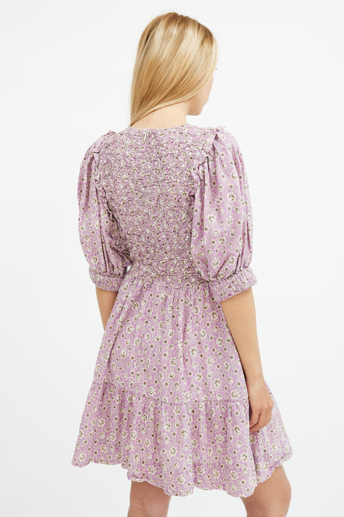 Sea Purple 
Beige Floral Smocked Midi Dress