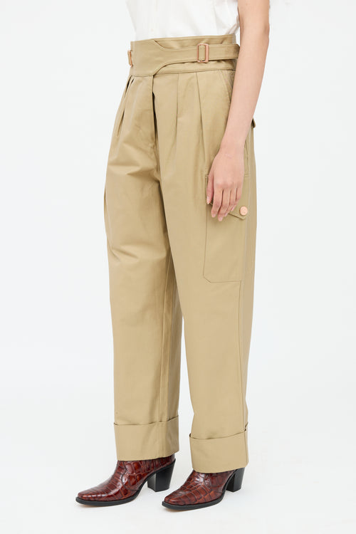 Beige Pleated Belted Trouser Pant