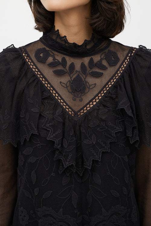 See By Chloè Black Lace Floral Ruffle Top