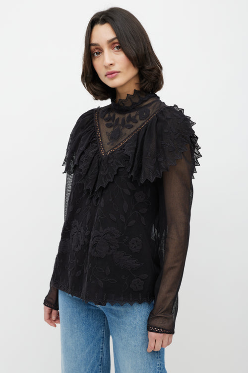 See By Chloè Black Lace Floral Ruffle Top