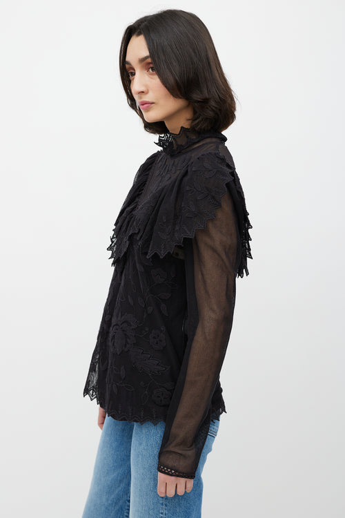 See By Chloè Black Lace Floral Ruffle Top