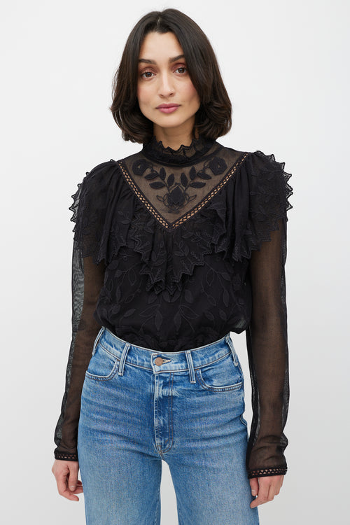 See By Chloè Black Lace Floral Ruffle Top