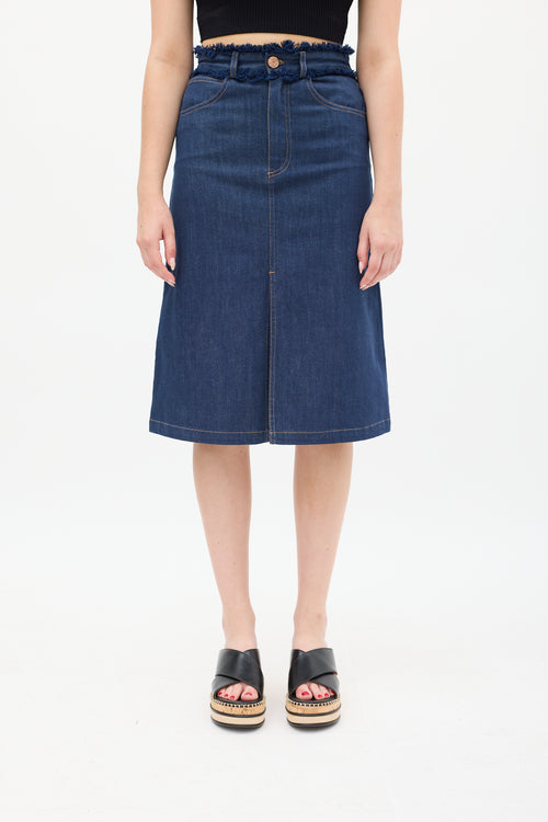 See By Chloè Raw Denim Fringe Trim Midi Skirt