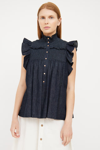 See By Chloé Dark Wash Denim Ruffle Top