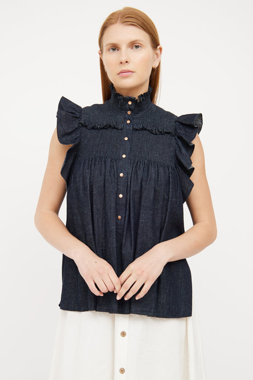 See By Chloé Dark Wash Denim Ruffle Top