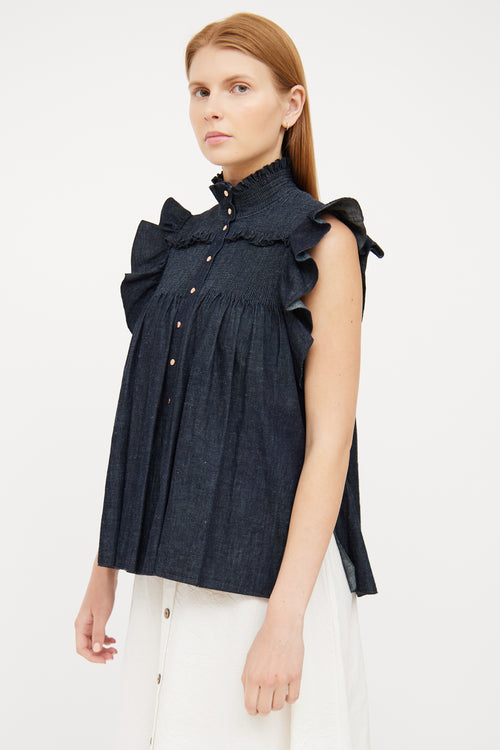 See By Chloé Dark Wash Denim Ruffle Top