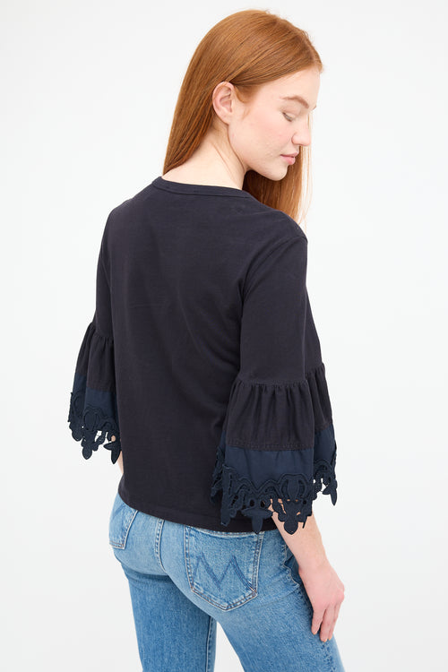 See By Chloé Navy Tiered Lace Trim Short Sleeve T-Shirts