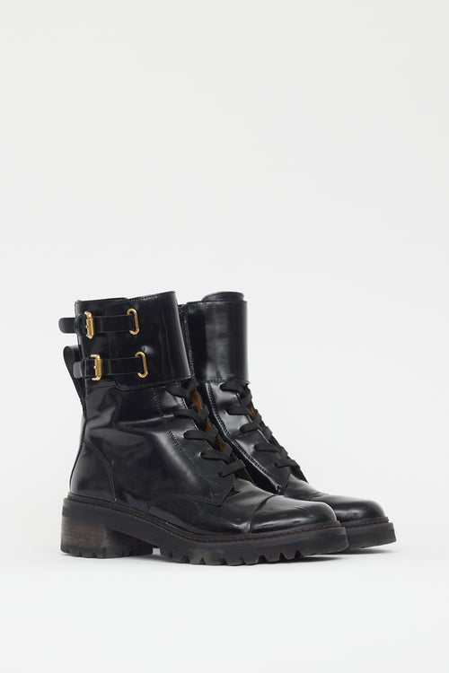 See by Chloé Black Patent Leather Combat Boot