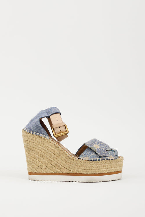 See by Chloé Blue Denim Floral Espadrille Wedge