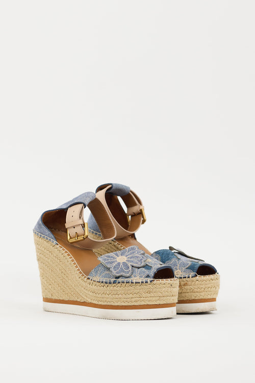 See by Chloé Blue Denim Floral Espadrille Wedge