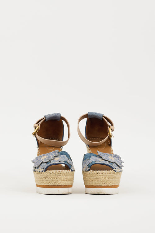 See by Chloé Blue Denim Floral Espadrille Wedge