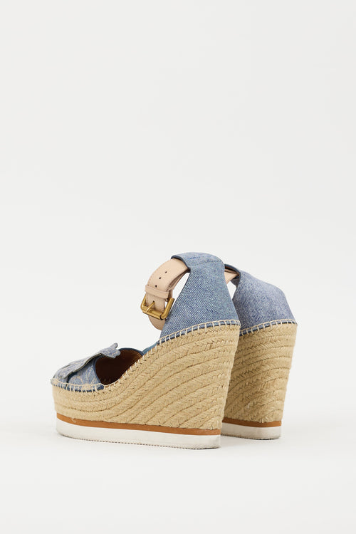 See by Chloé Blue Denim Floral Espadrille Wedge