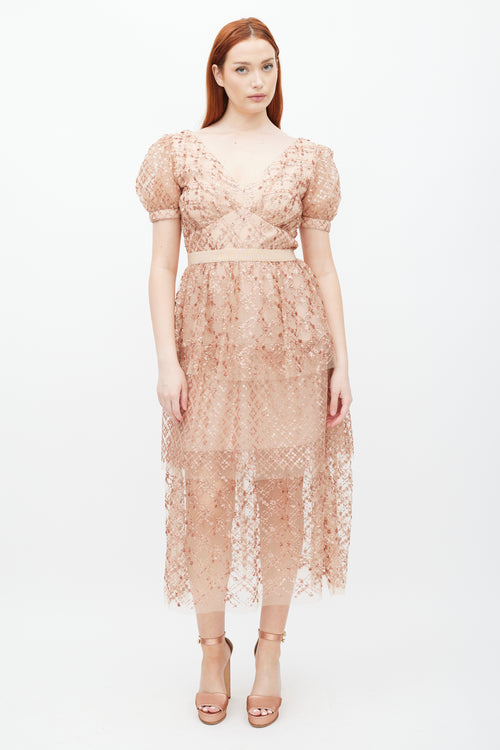 Self-Portrait Beige Grid Sequin Tiered Dress