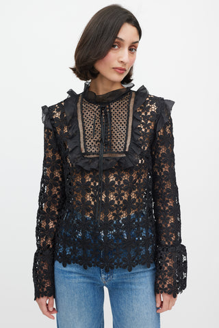 Self-Portrait Black Floral Lace Ruffle Trim Top