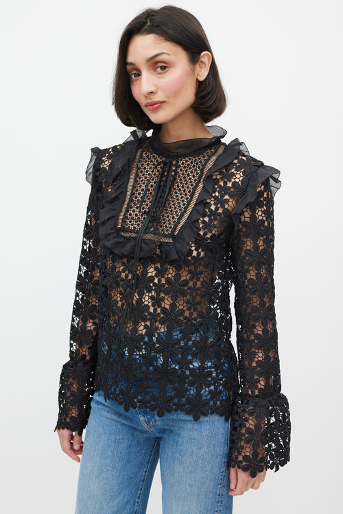 Self-Portrait Black Floral Lace Ruffle Trim Top