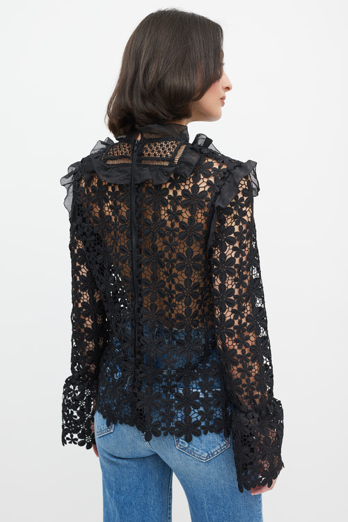 Self-Portrait Black Floral Lace Ruffle Trim Top