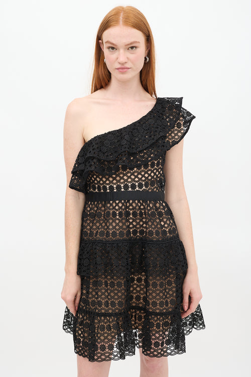 Self-Portrait Black Guipure Lace One Shoulder Dress