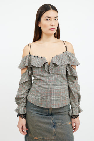 Self-Portrait Grey 
Orange Glen Check Ruffle Top