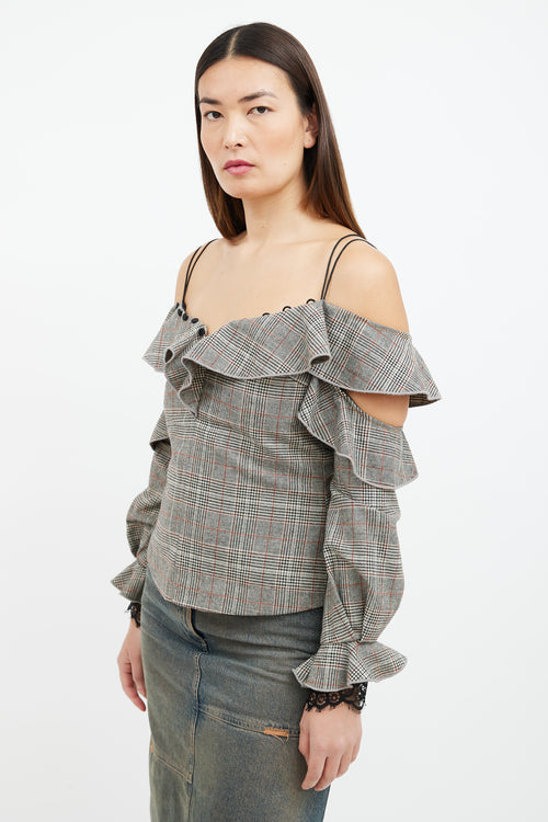 Self-Portrait Grey 
Orange Glen Check Ruffle Top