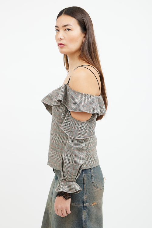 Self-Portrait Grey 
Orange Glen Check Ruffle Top