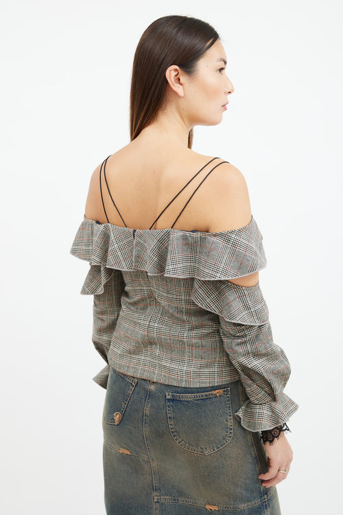 Self-Portrait Grey 
Orange Glen Check Ruffle Top