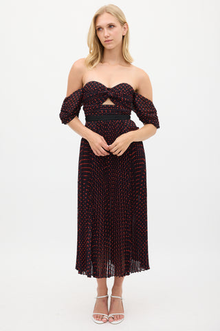 Self-Portrait Black 
Red Polka Dot Pleated Dress