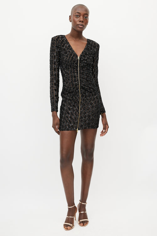 Self-Portrait Black Sequin Zip Front Mini Dress