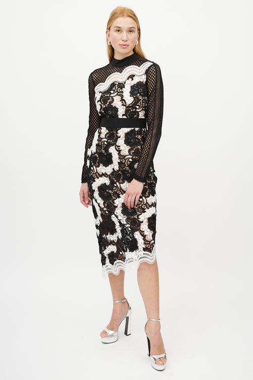 Self-Portrait Black 
White Guipure Floral Lace Dress