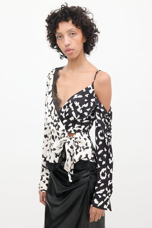 Self-Portrait Black 
White Satin Patterned Top