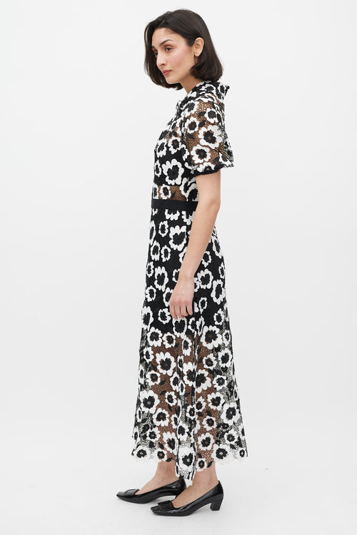 Self-Portrait Black 
White Short Sleeve Abstract Guipure Dress